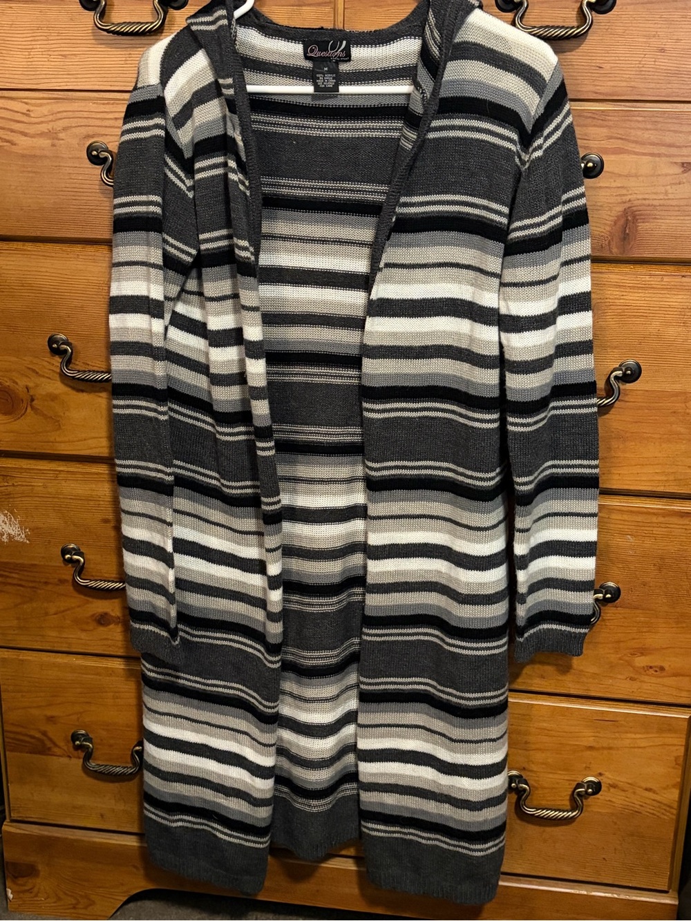 Questions by Say What Hooded Open-Front Striped Cardigan in Black, Gray & White